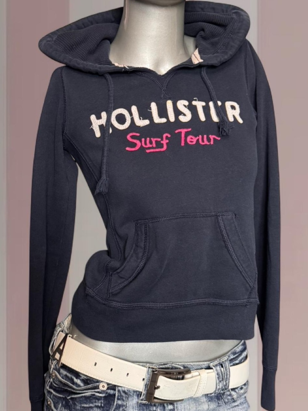Hollister Y2K Navy Patch Letter Hoodie